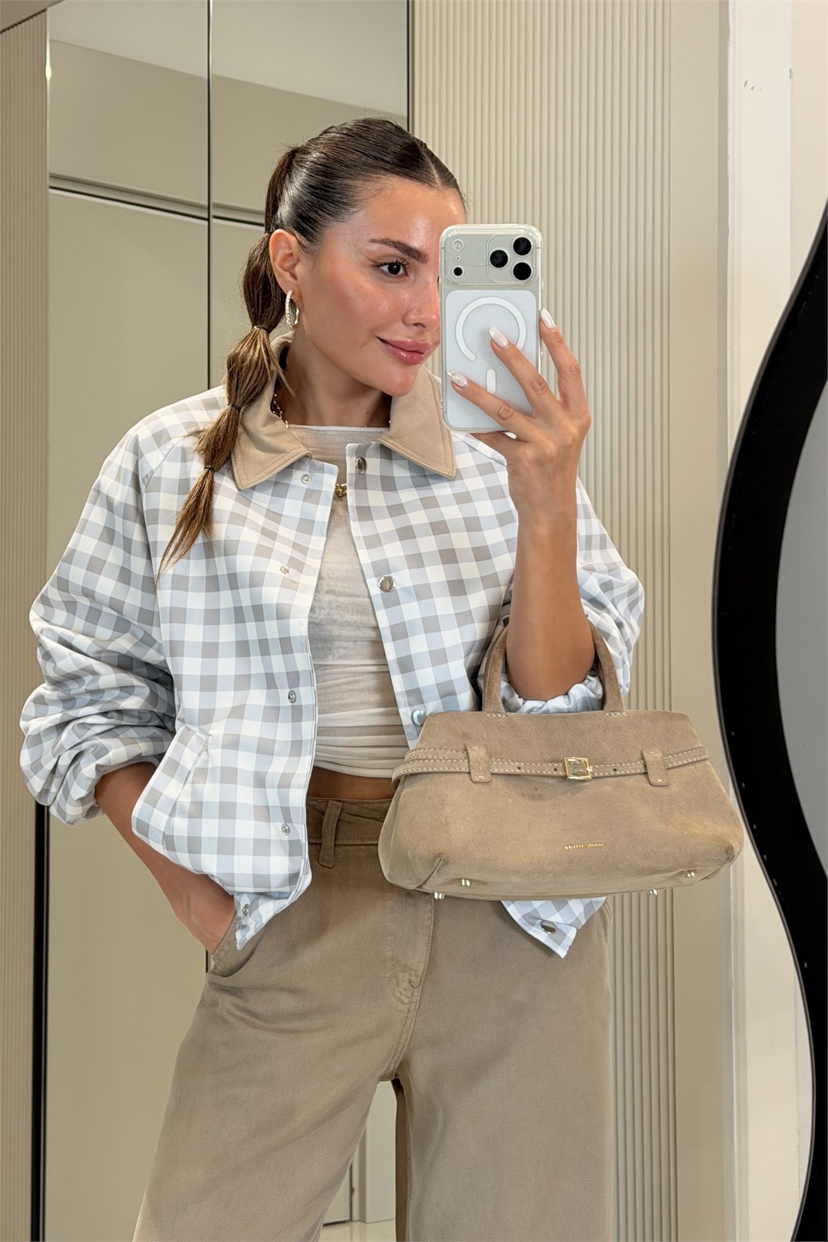 Naomi Ekose Desenli Kontrast Yaka Bomber Ceket