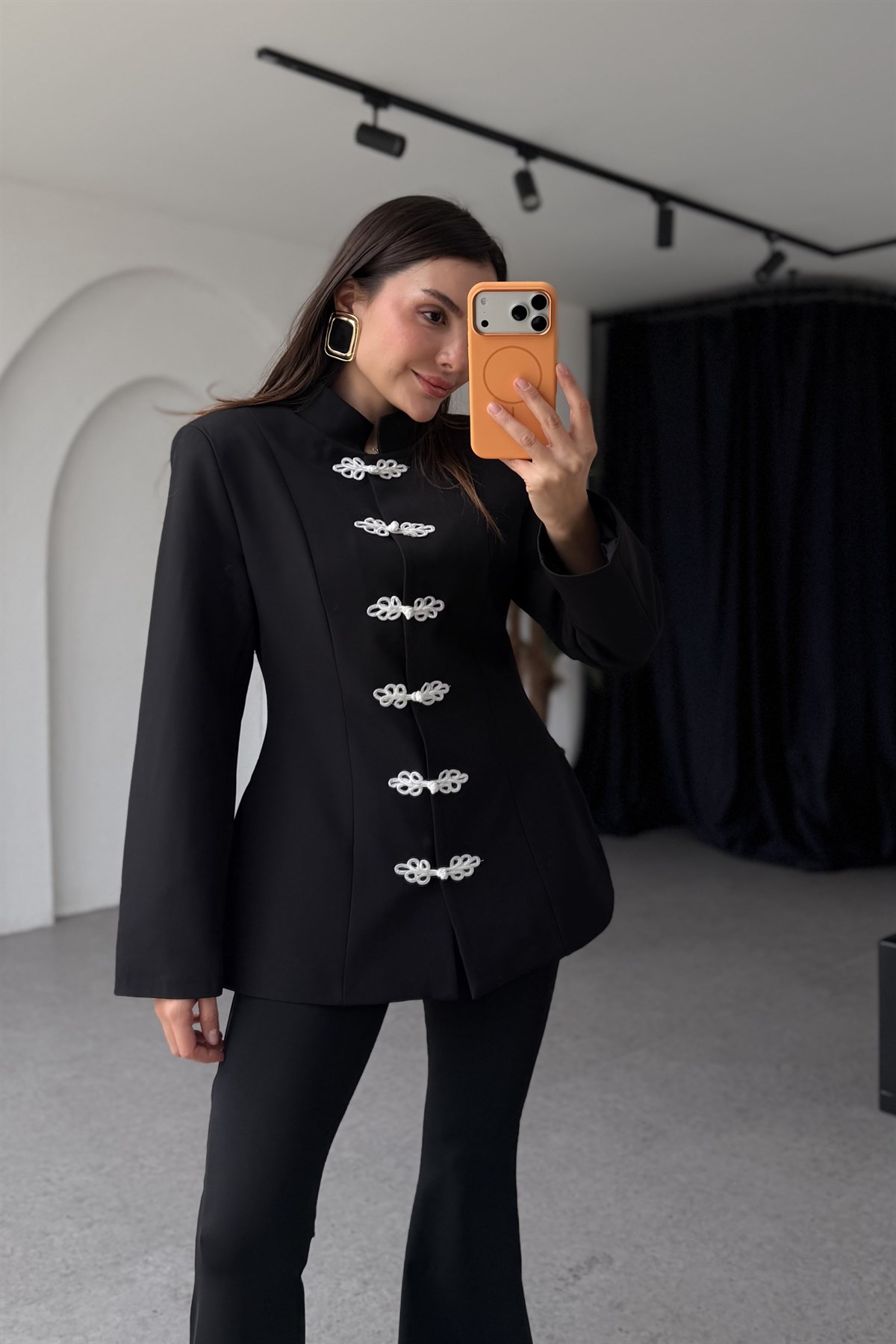 Napolion Siyah Nakış Düğmeli Blazer Ceket