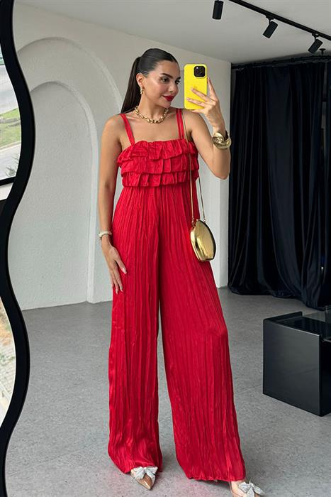 Narine Saten Askılı Tulum-Kırmızı