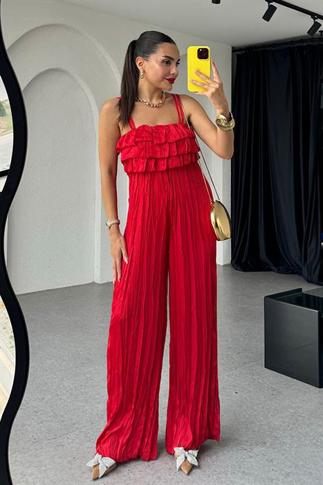 Narine Saten Askılı Tulum-Kırmızı