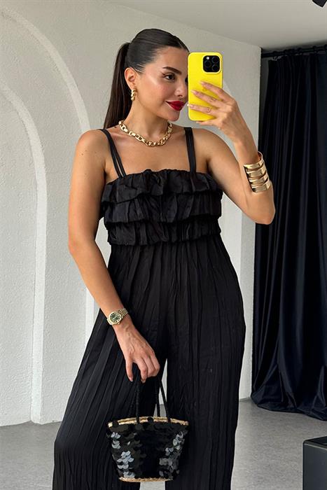 Narine Saten Askılı Tulum-Siyah