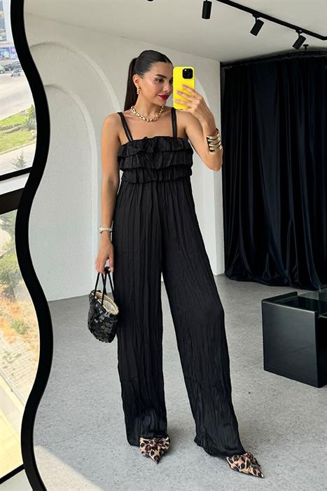 Narine Saten Askılı Tulum-Siyah