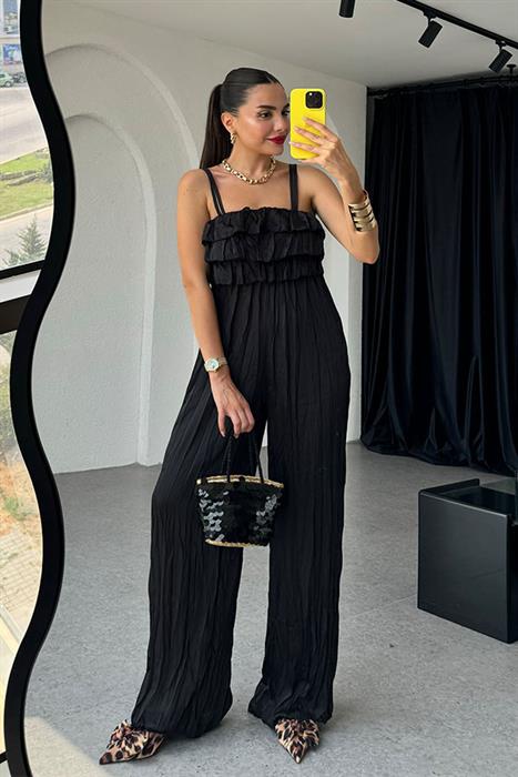 Narine Saten Askılı Tulum-Siyah