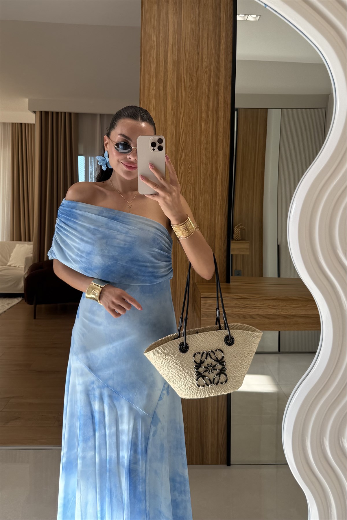 Nascia Mavi Tek Omuz Batik Desen Elbise