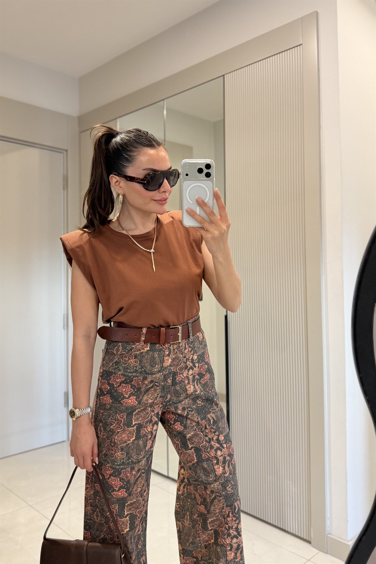 Nascita Kahve Çiçek Desenli Yüksek Bel Jean