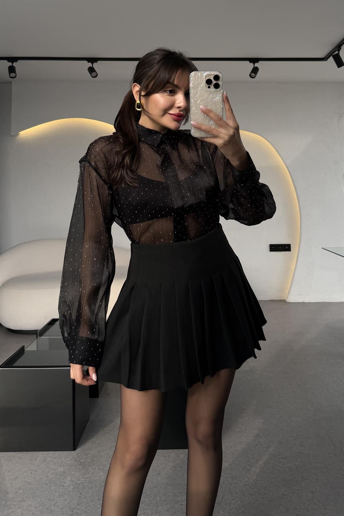 Nasha Siyah Taşlı Transparan Gömlek