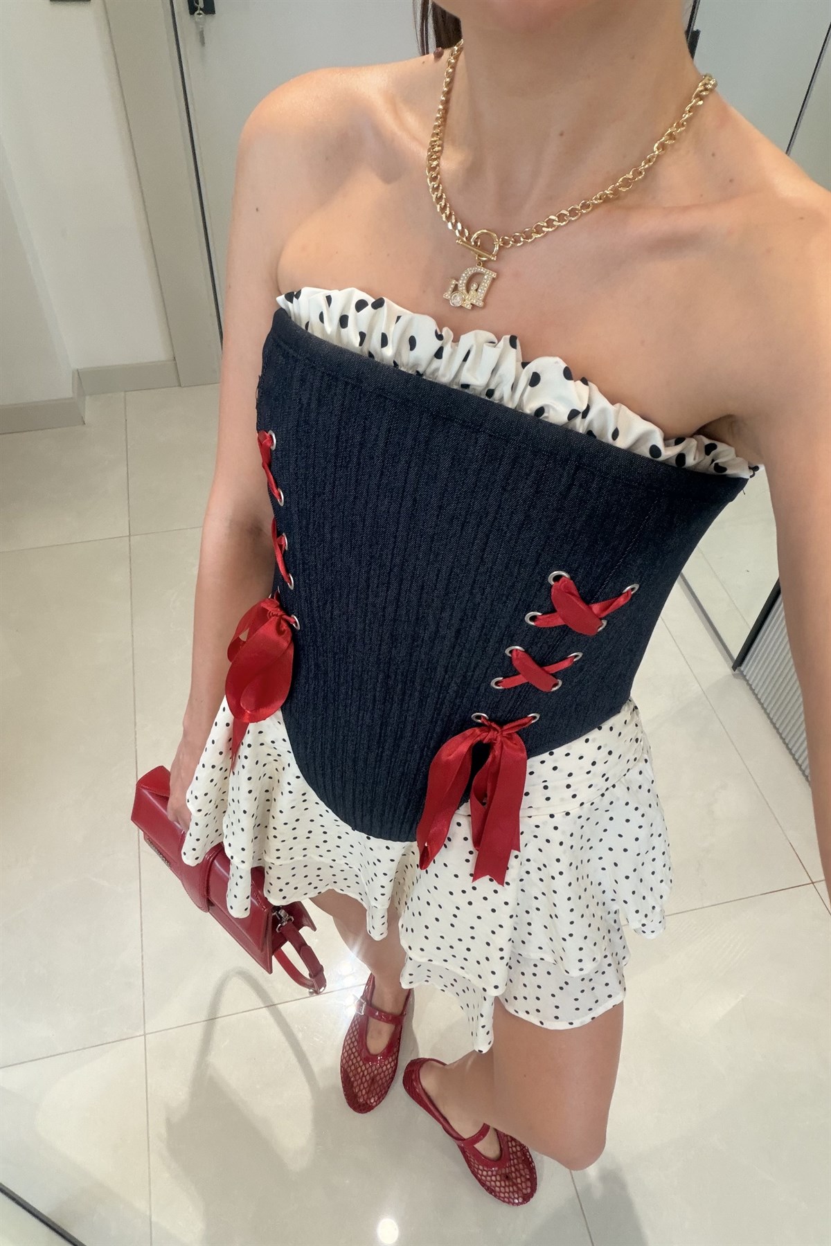 Nastya Denim Puantiyeli Balenli Korse Büstiyer