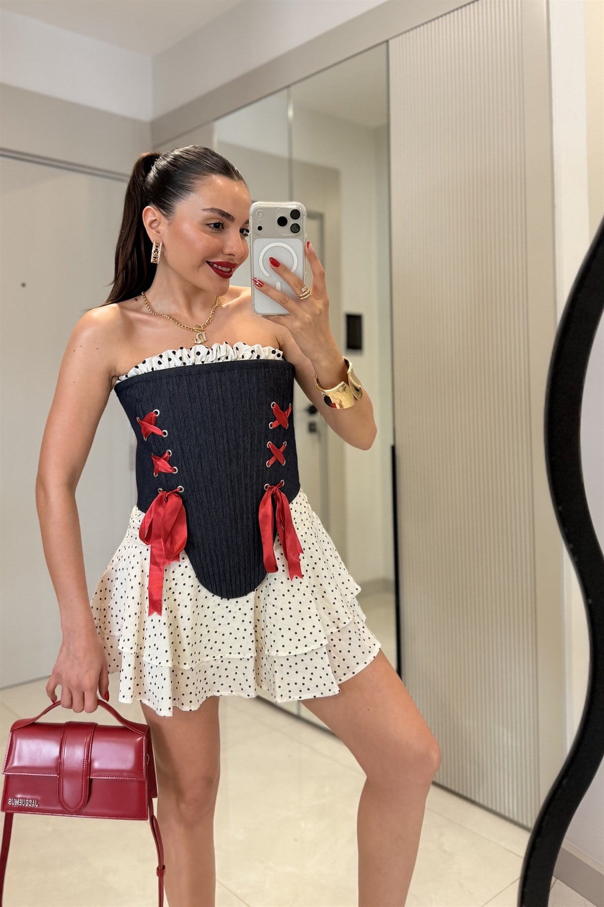 Nastya Denim Puantiyeli Balenli Korse Büstiyer
