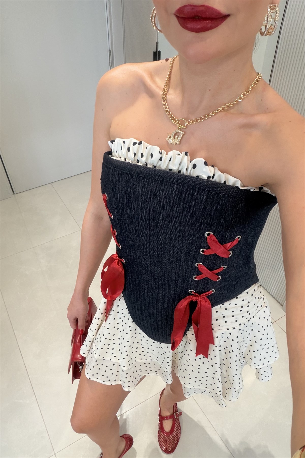 Nastya Denim Puantiyeli Balenli Korse Büstiyer