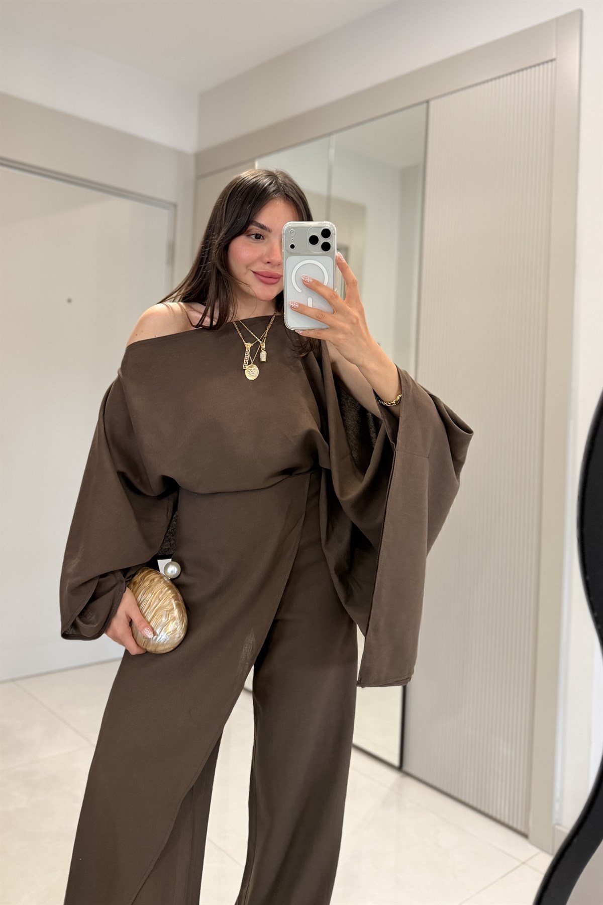 Natalia Kahve Keten Premium Yarasa Takım