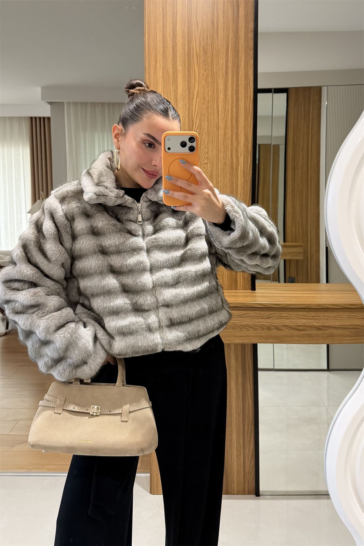 Natalie Gri Fermuarlı Kürk