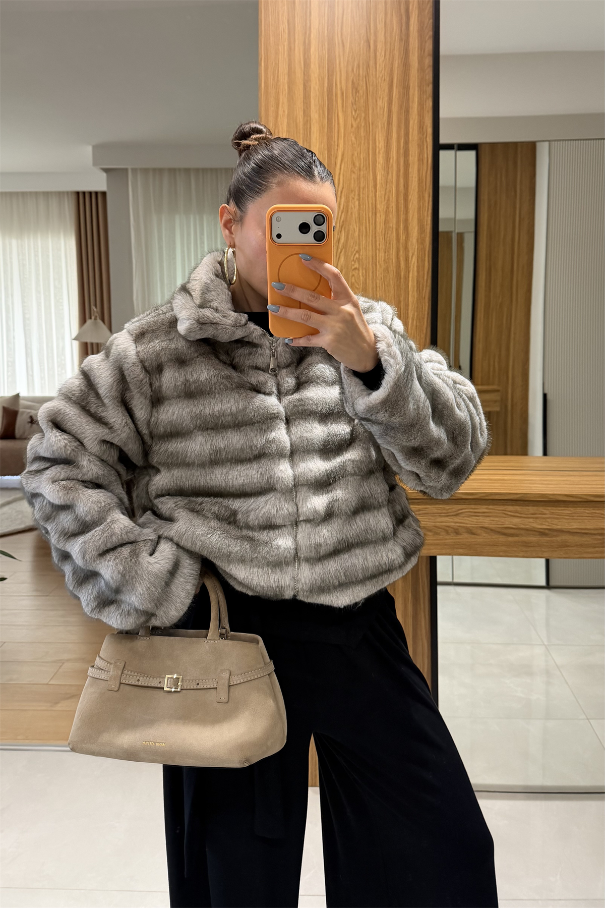 Natalie Gri Fermuarlı Kürk