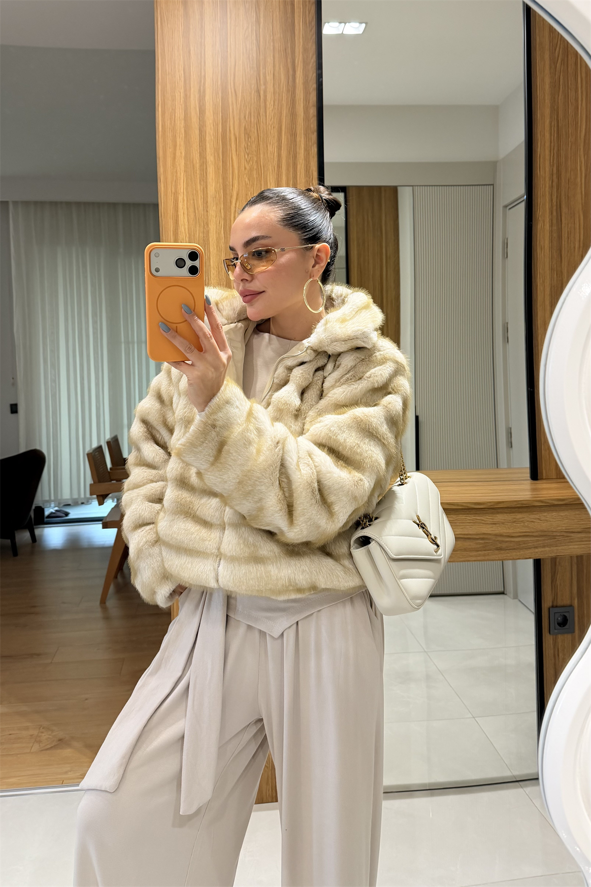 Natalie Krem Fermuarlı Kürk