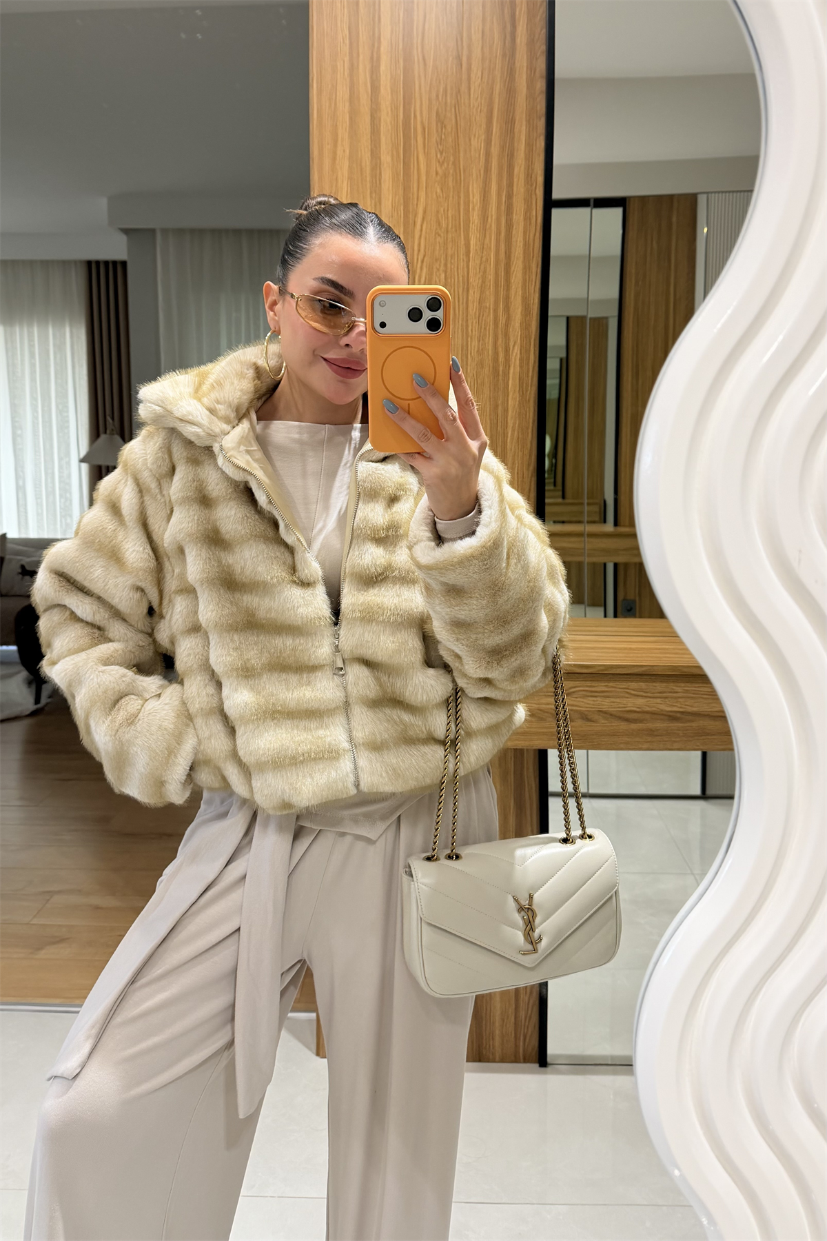 Natalie Krem Fermuarlı Kürk