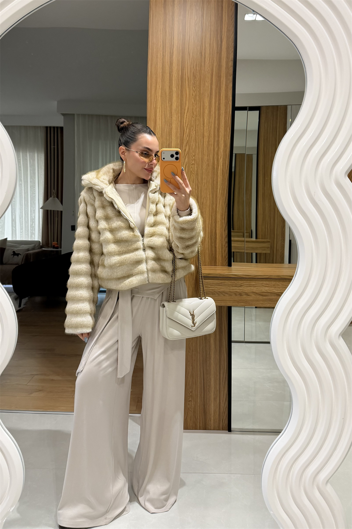 Natalie Krem Fermuarlı Kürk