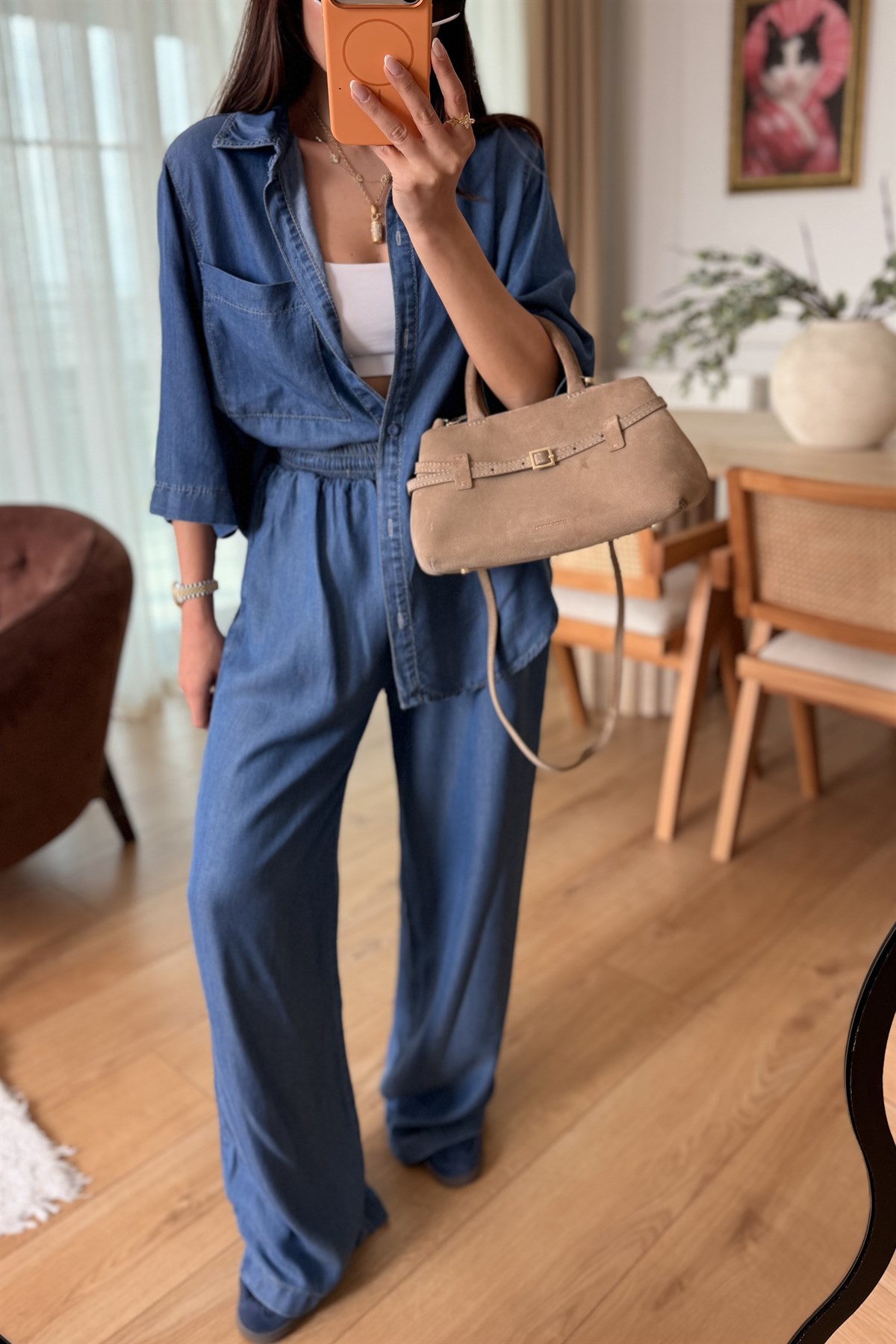 Nataly Midblue Beli Lastikli Tensel Kot Takım