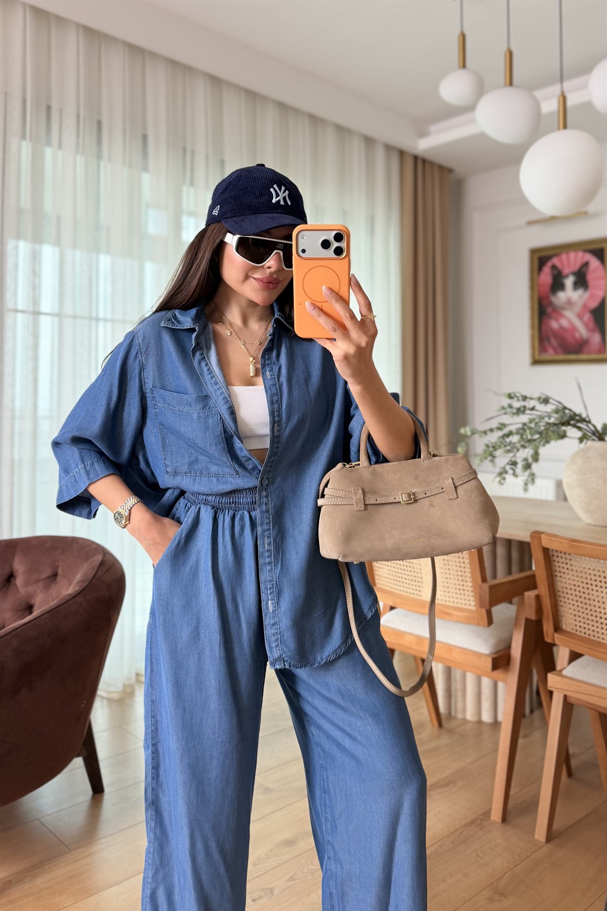 Nataly Midblue Beli Lastikli Tensel Kot Takım