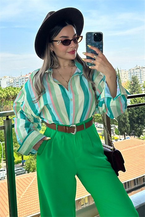 Naty yeşil geçişli çizgili gömlek