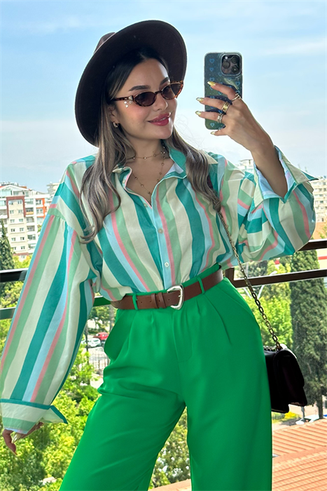 Naty yeşil geçişli çizgili gömlek