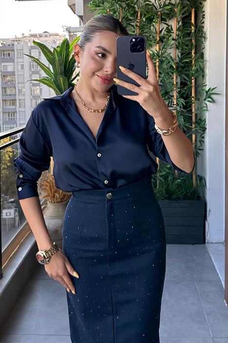 Navy Blue saten basic gömlek