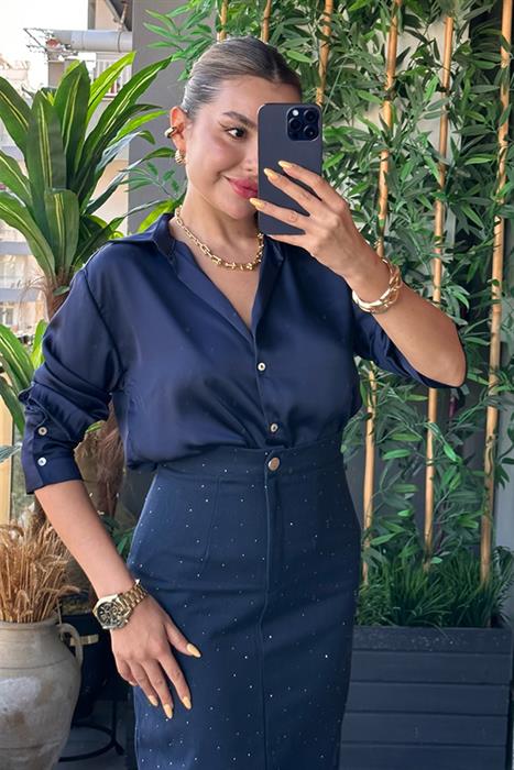 Navy Blue saten basic gömlek