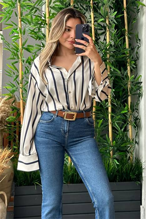 Navy blue saten dokulu gömlek