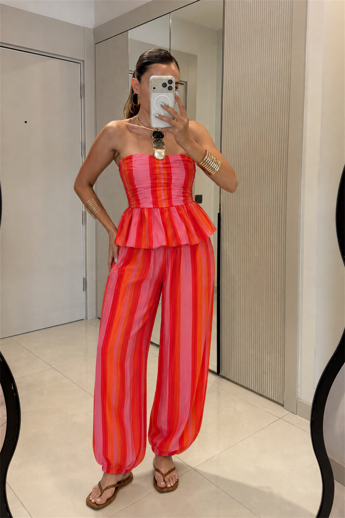 Neason Çizgili Straplez Peplum Takım