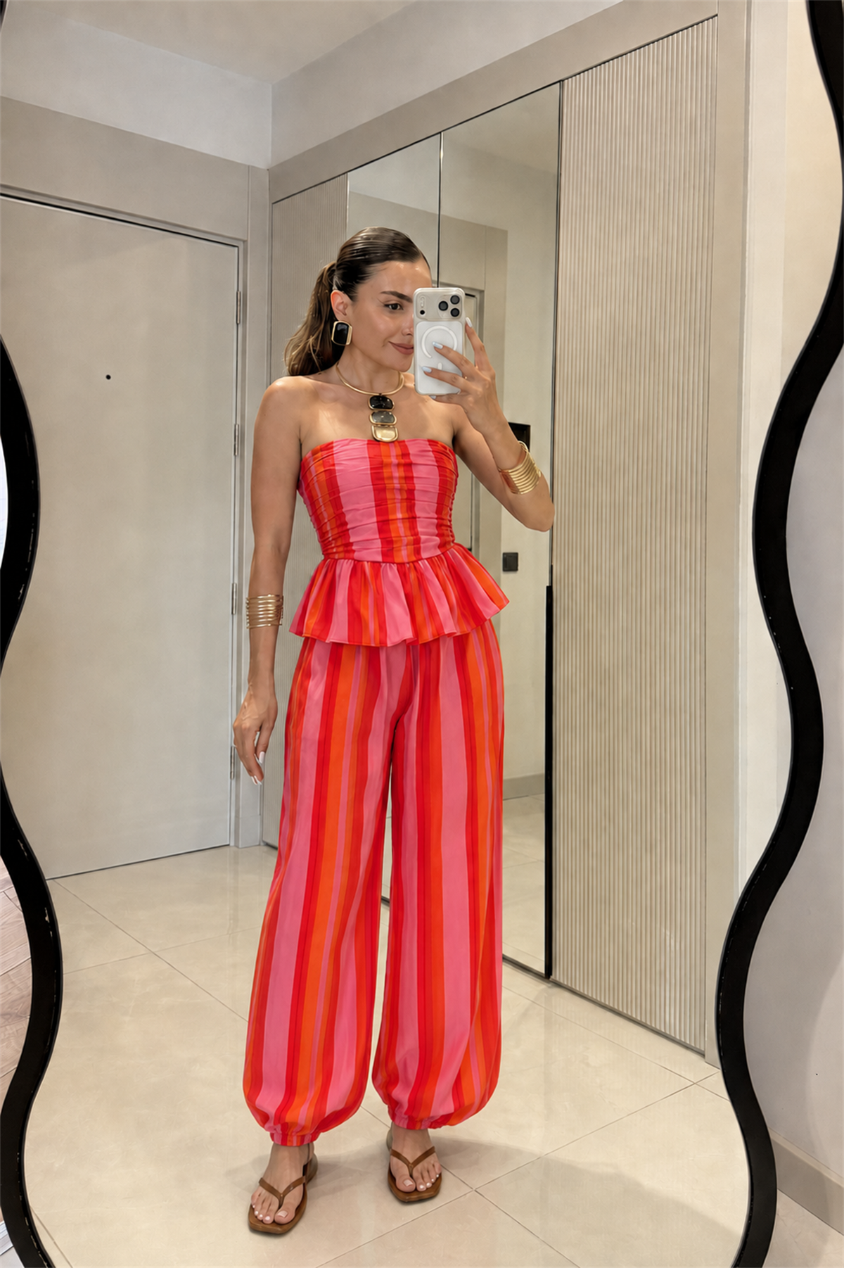 Neason Çizgili Straplez Peplum Takım