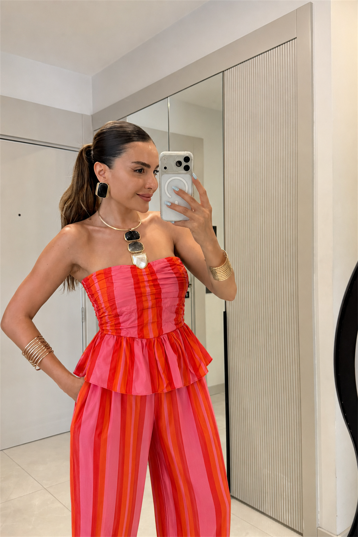 Neason Çizgili Straplez Peplum Takım