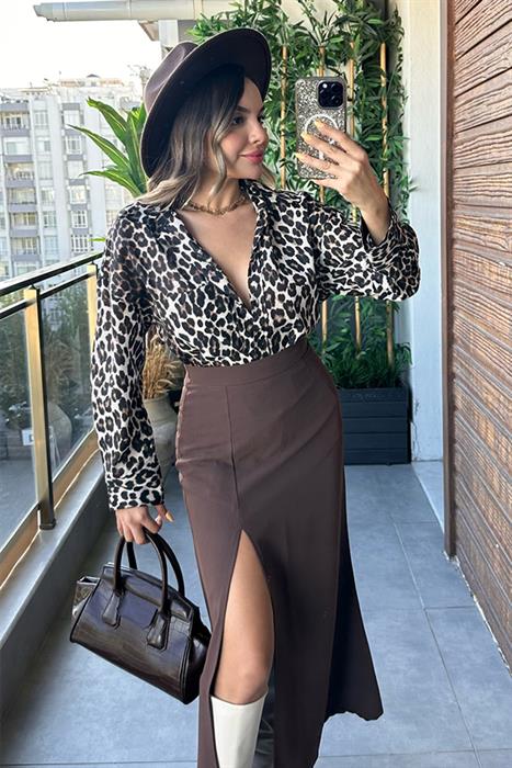 Neck Leopar Desen Gömlek