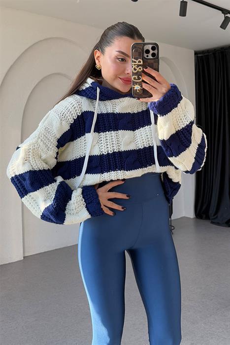 Neiva Lacivert-Beyaz Şeritli Kapüşonlu Örme Sweat