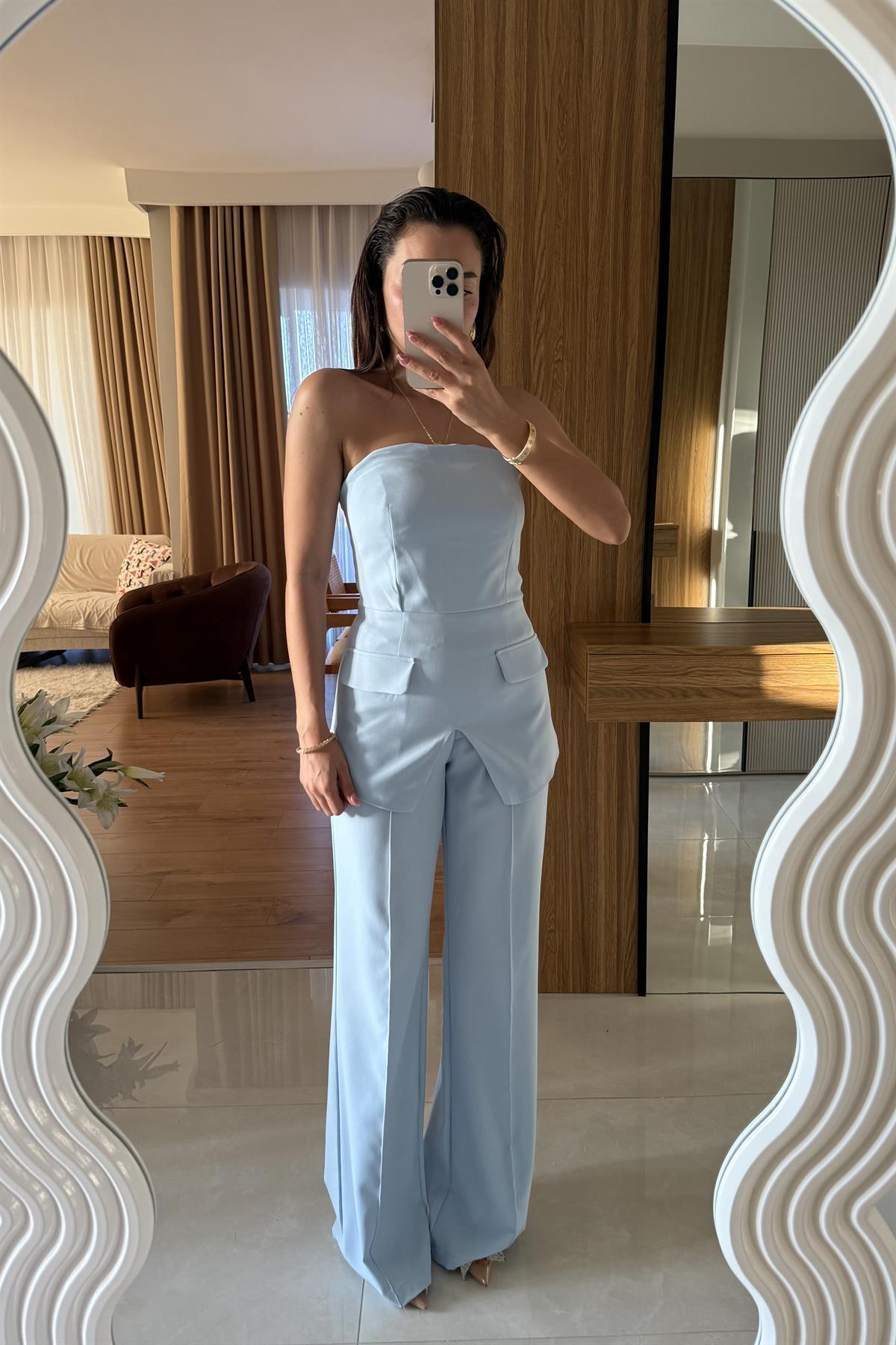 Nergis Mavi Cep Detaylı Takım