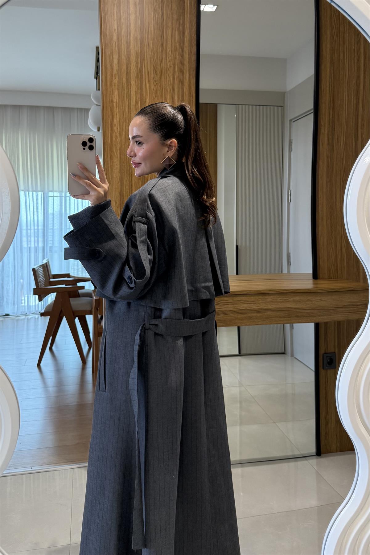 Nesha Antrasit Çizgi Detaylı Trenç