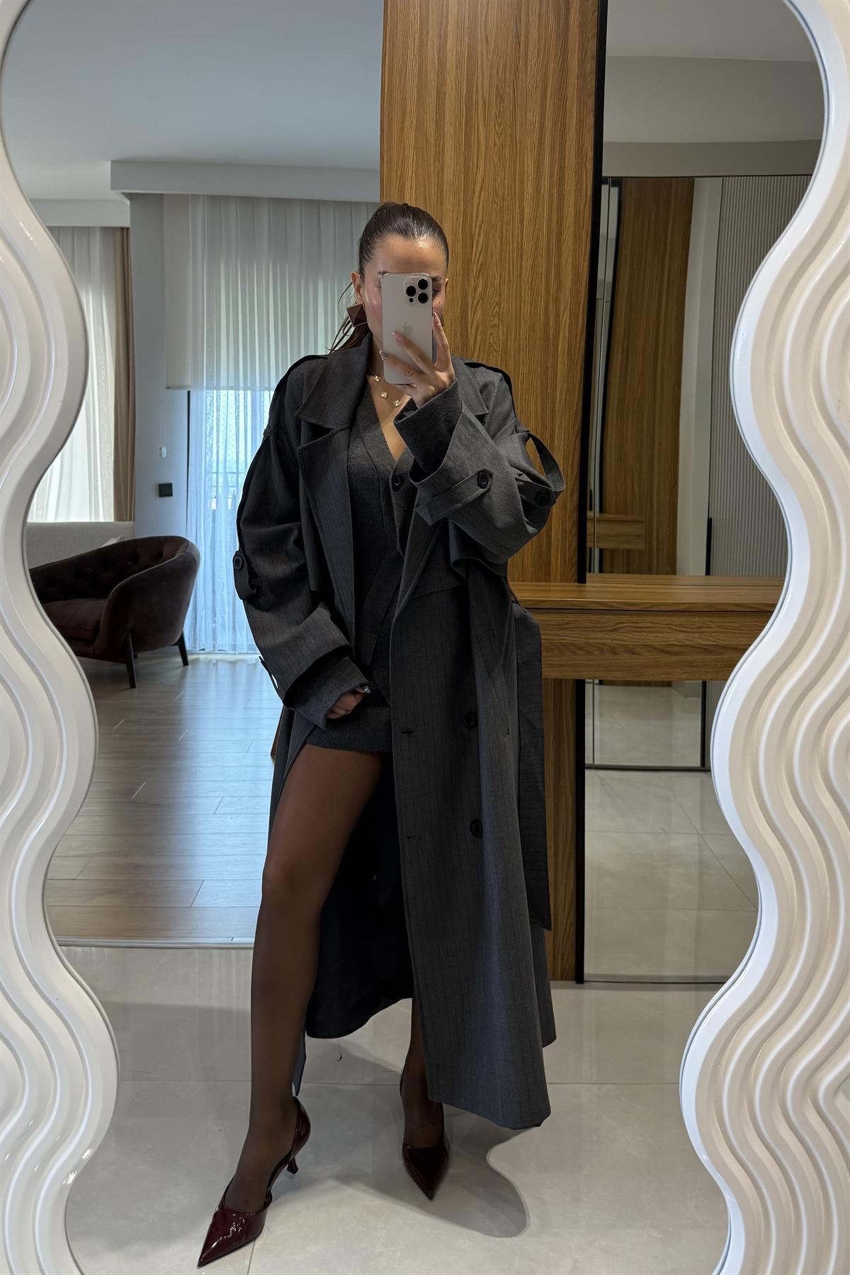 Nesha Antrasit Çizgi Detaylı Trenç