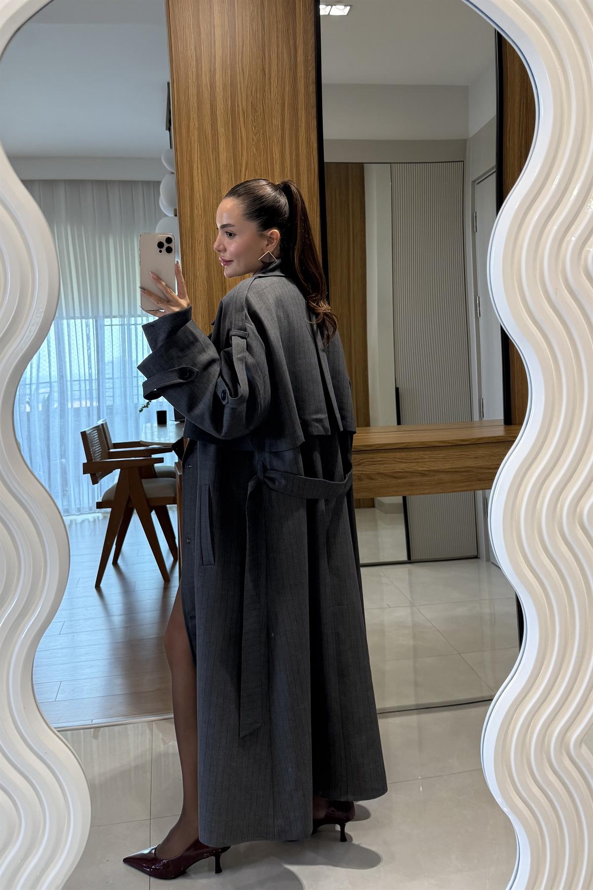 Nesha Antrasit Çizgi Detaylı Trenç