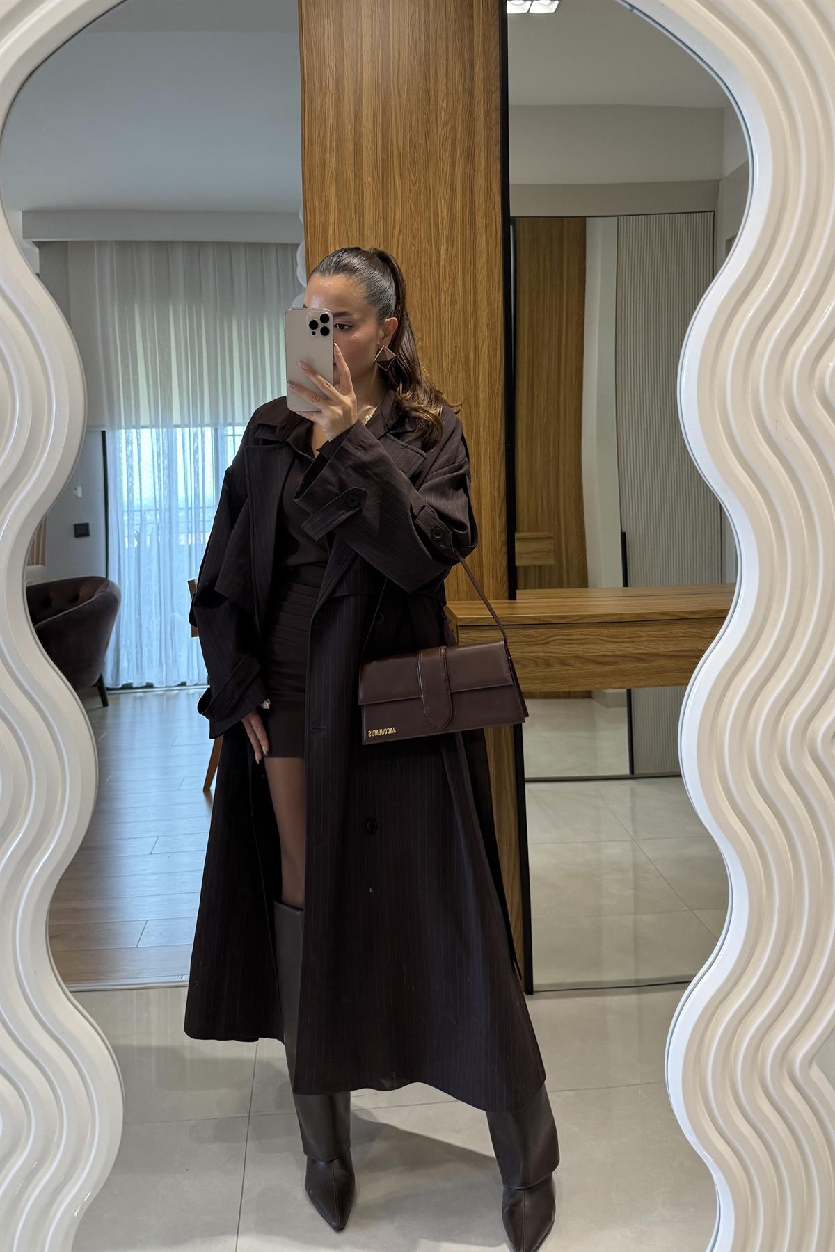 Nesha Kahve Çizgi Detaylı Trenç