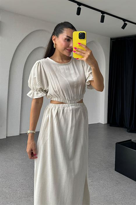 Nesta Bel Dekolteli Ekru Keten Elbise 