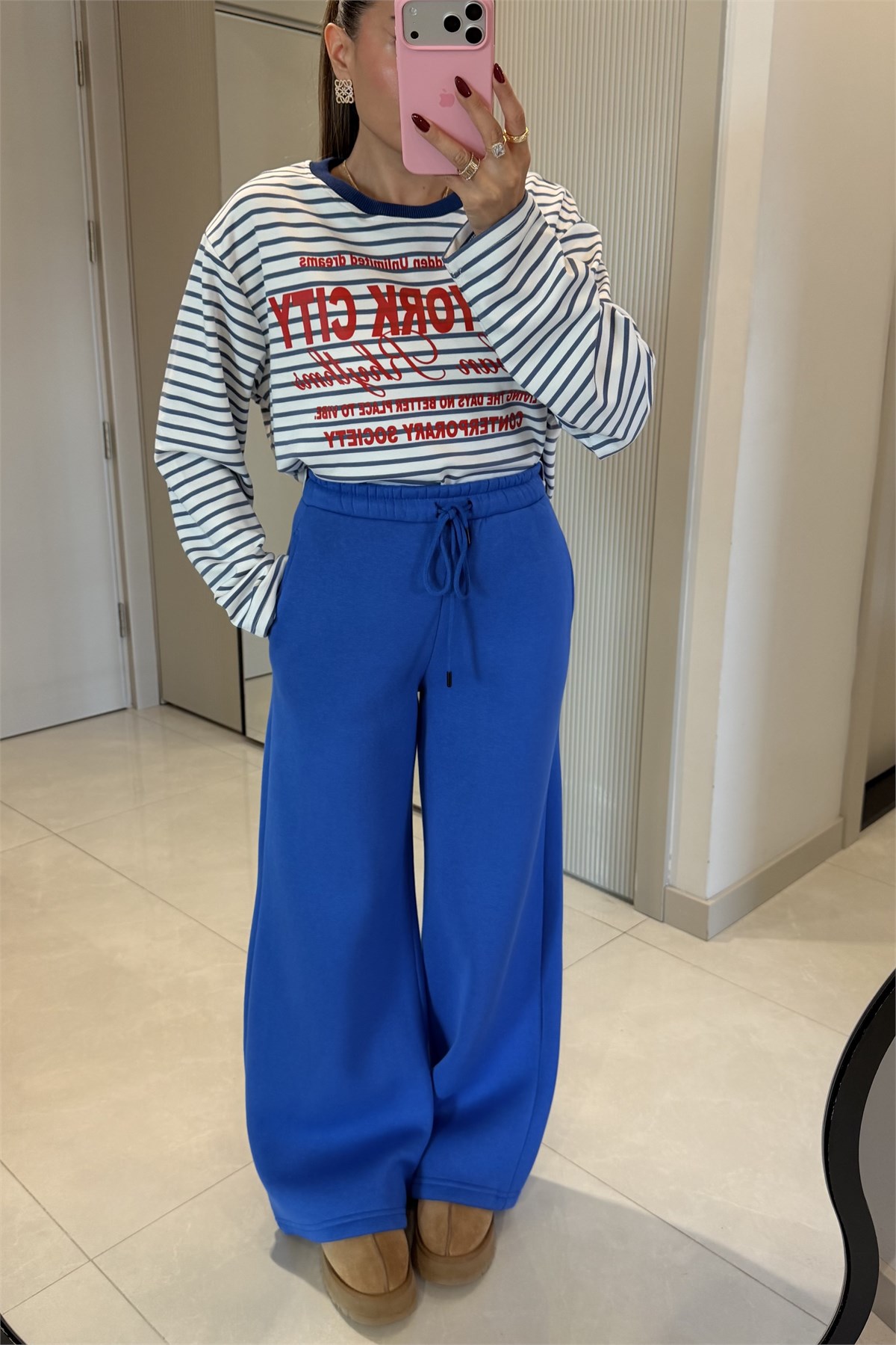 Newyork Mavi Baskılı Çizgili Oversize Sweatshirt