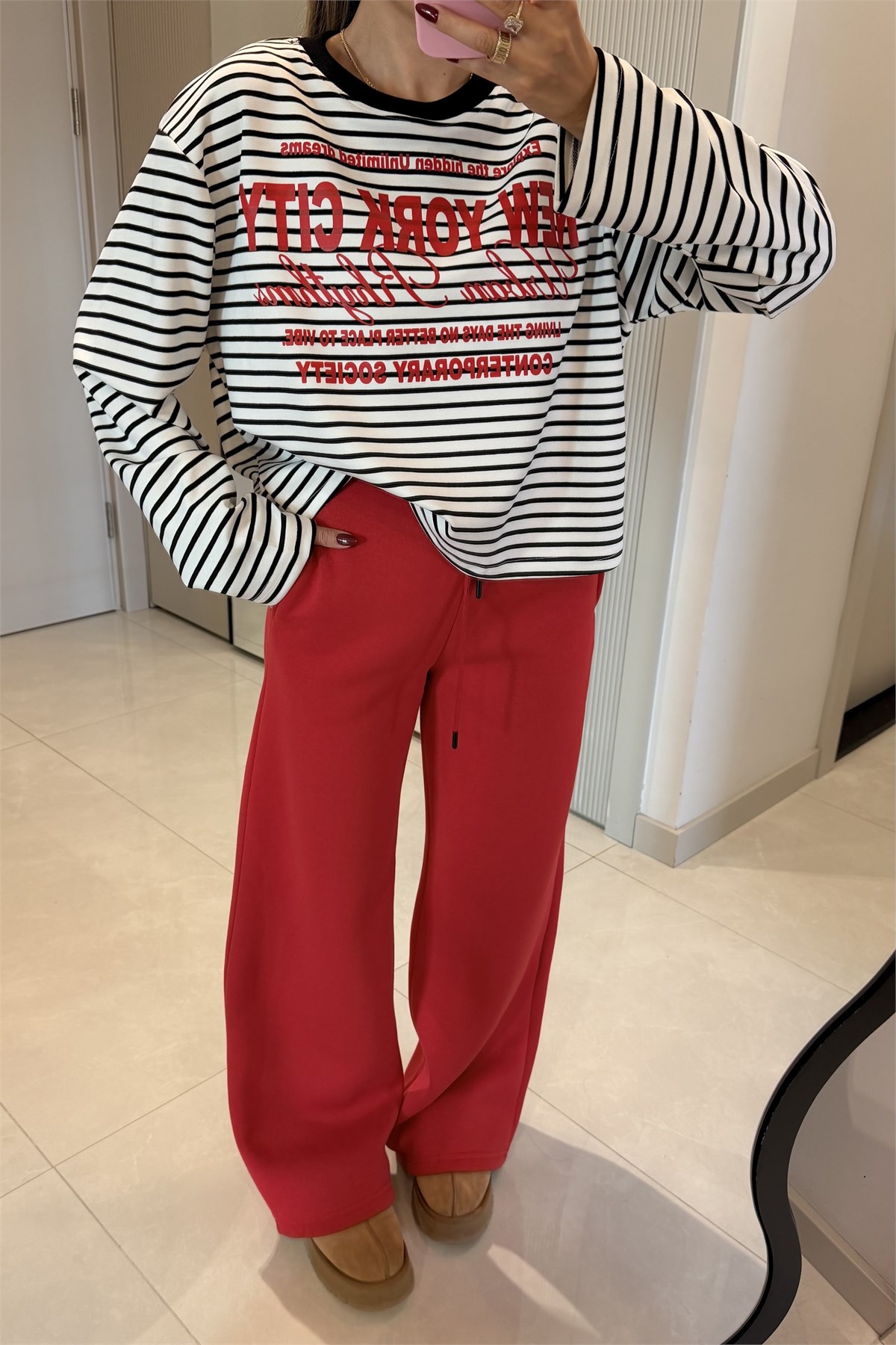 Newyork Siyah Baskılı Çizgili Oversize Sweatshirt