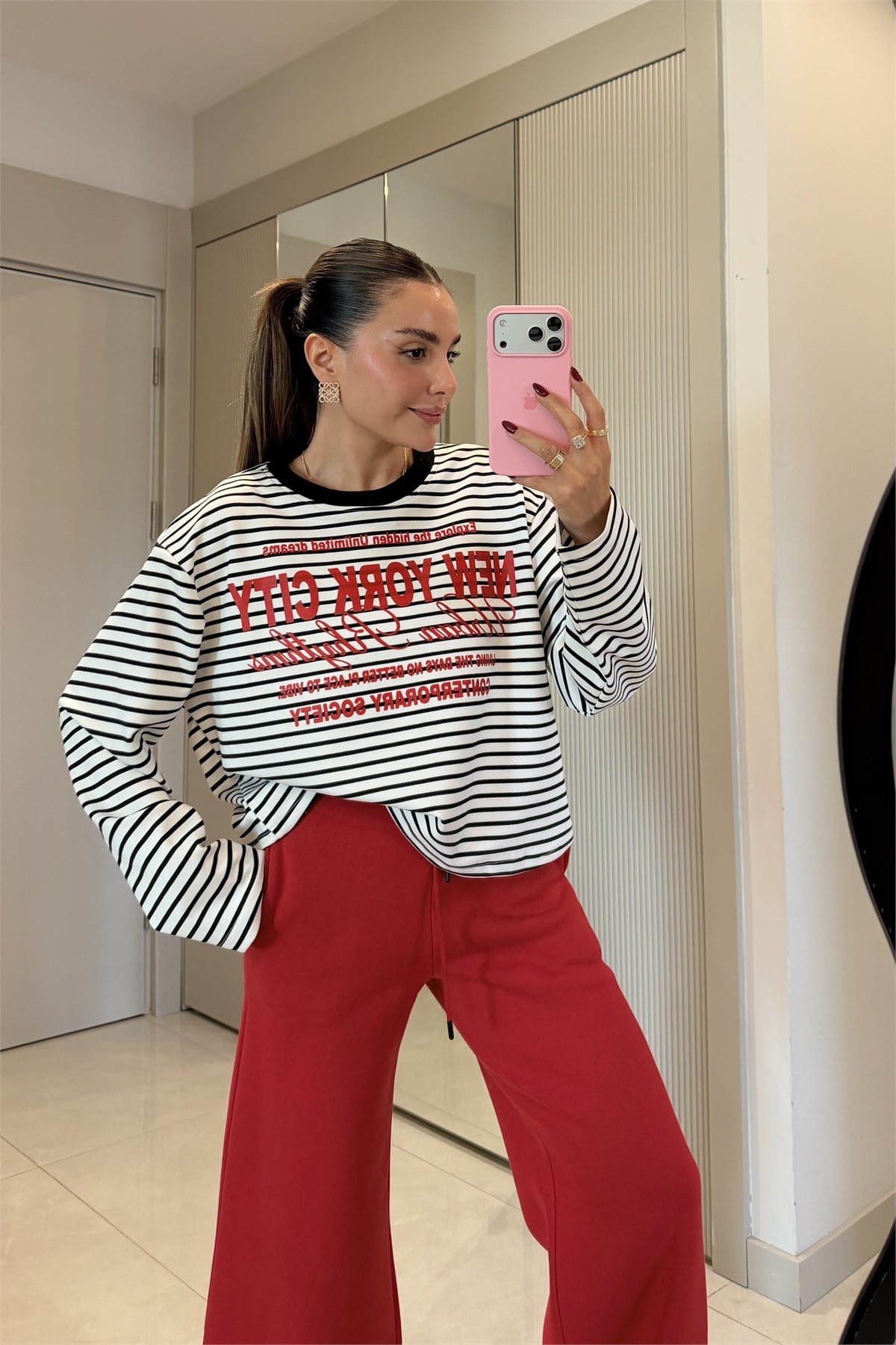 Newyork Siyah Baskılı Çizgili Oversize Sweatshirt