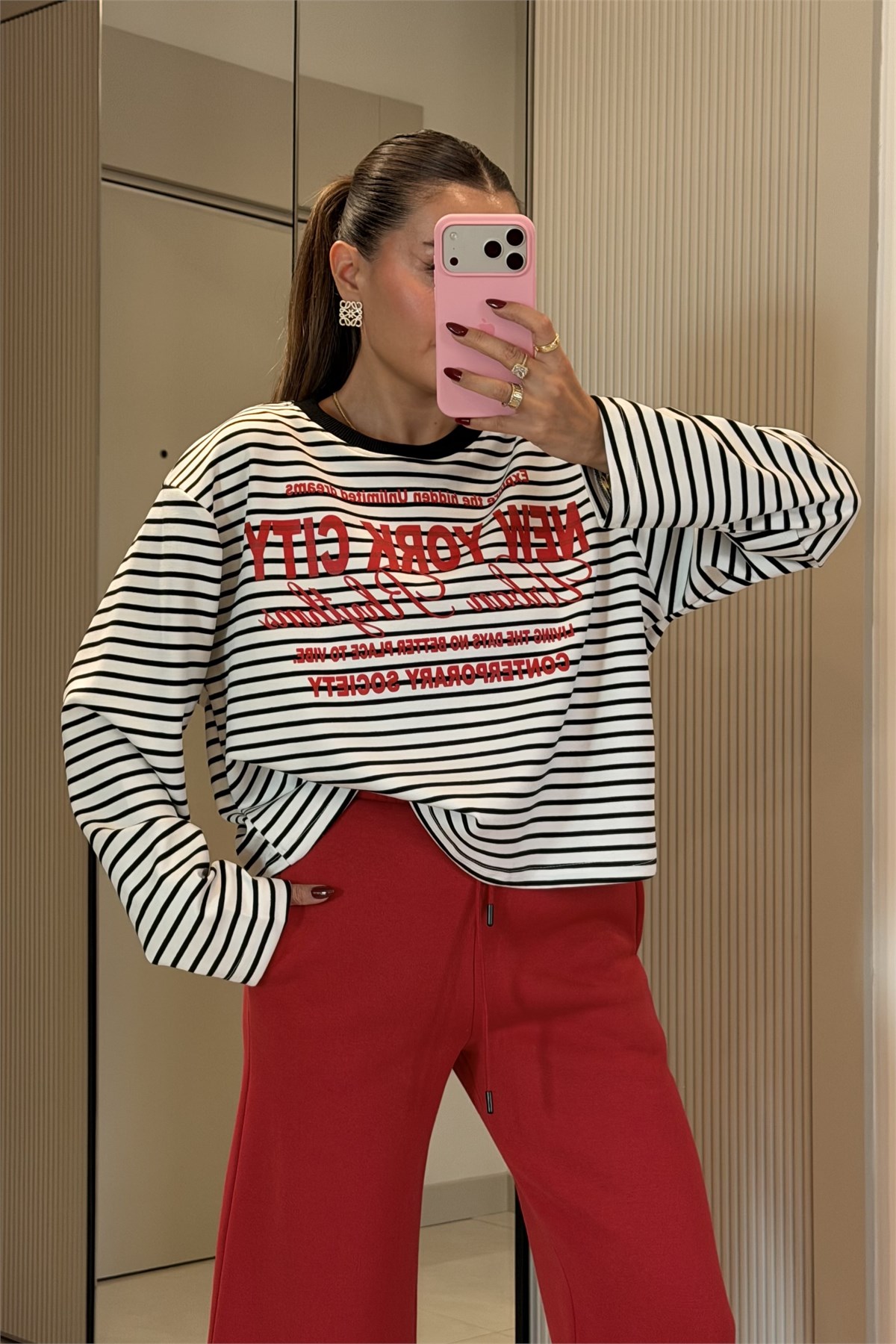 Newyork Siyah Baskılı Çizgili Oversize Sweatshirt
