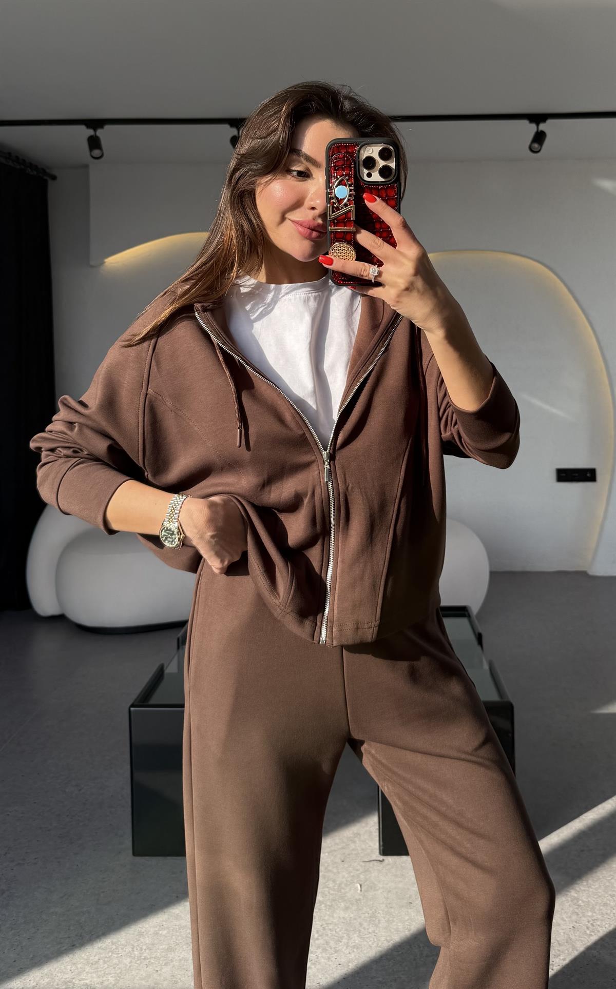 Nice Kahve Fermuarlı Modal Kumaş Eşofman Takımı 