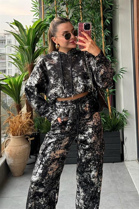 Nikole Kargo Cepli Yaldızlı Eşofman Takım - Siyah