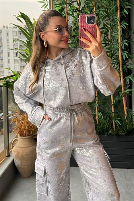 Nikole Kargo Cepli Yaldızlı Eşofman Takım - Gri