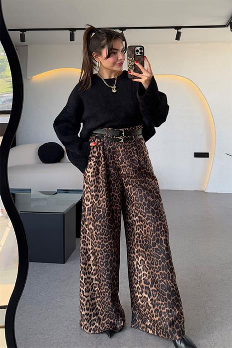 Nilesrun Wideleg Çift Kemerli Leopar Pantolon 