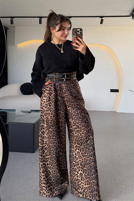 Nilesrun Wideleg Çift Kemerli Leopar Pantolon 