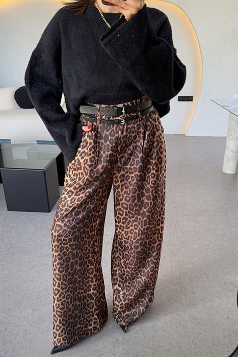 Nilesrun Wideleg Çift Kemerli Leopar Pantolon 