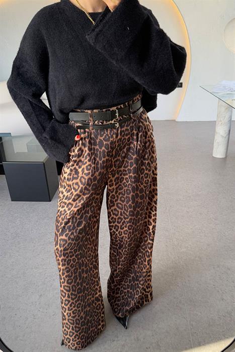 Nilesrun Wideleg Çift Kemerli Leopar Pantolon 