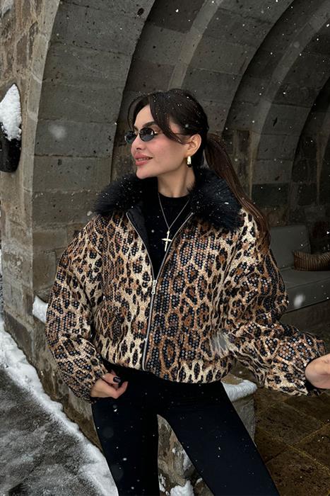 Nilsson Yakası Peluş Pulpayetli Leopar Ceket