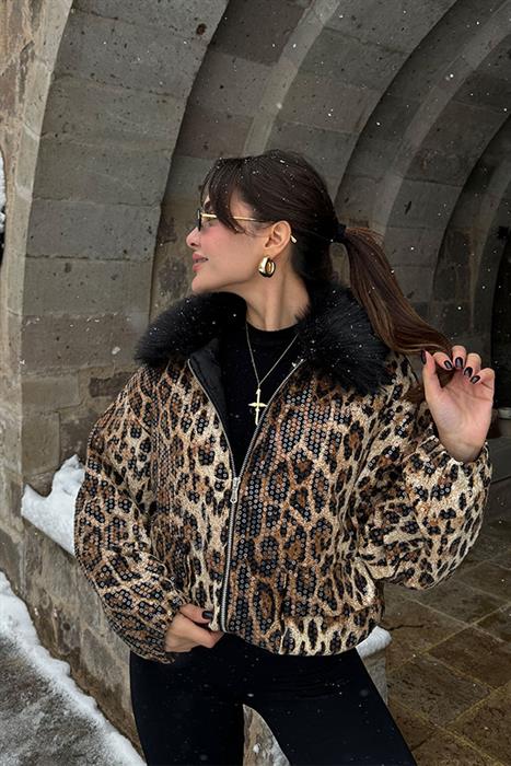 Nilsson Yakası Peluş Pulpayetli Leopar Ceket